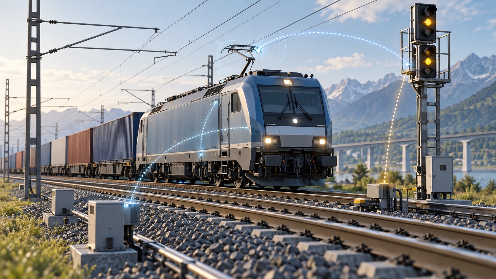Illustrazione di locomotiva merci e segnalamento a terra