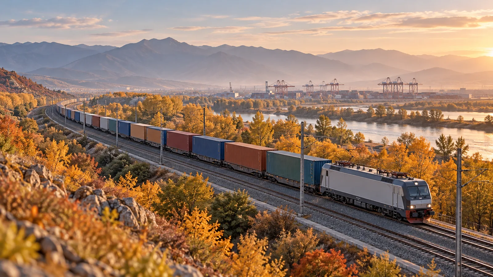 Treno merci con container in un paesaggio autunnale.