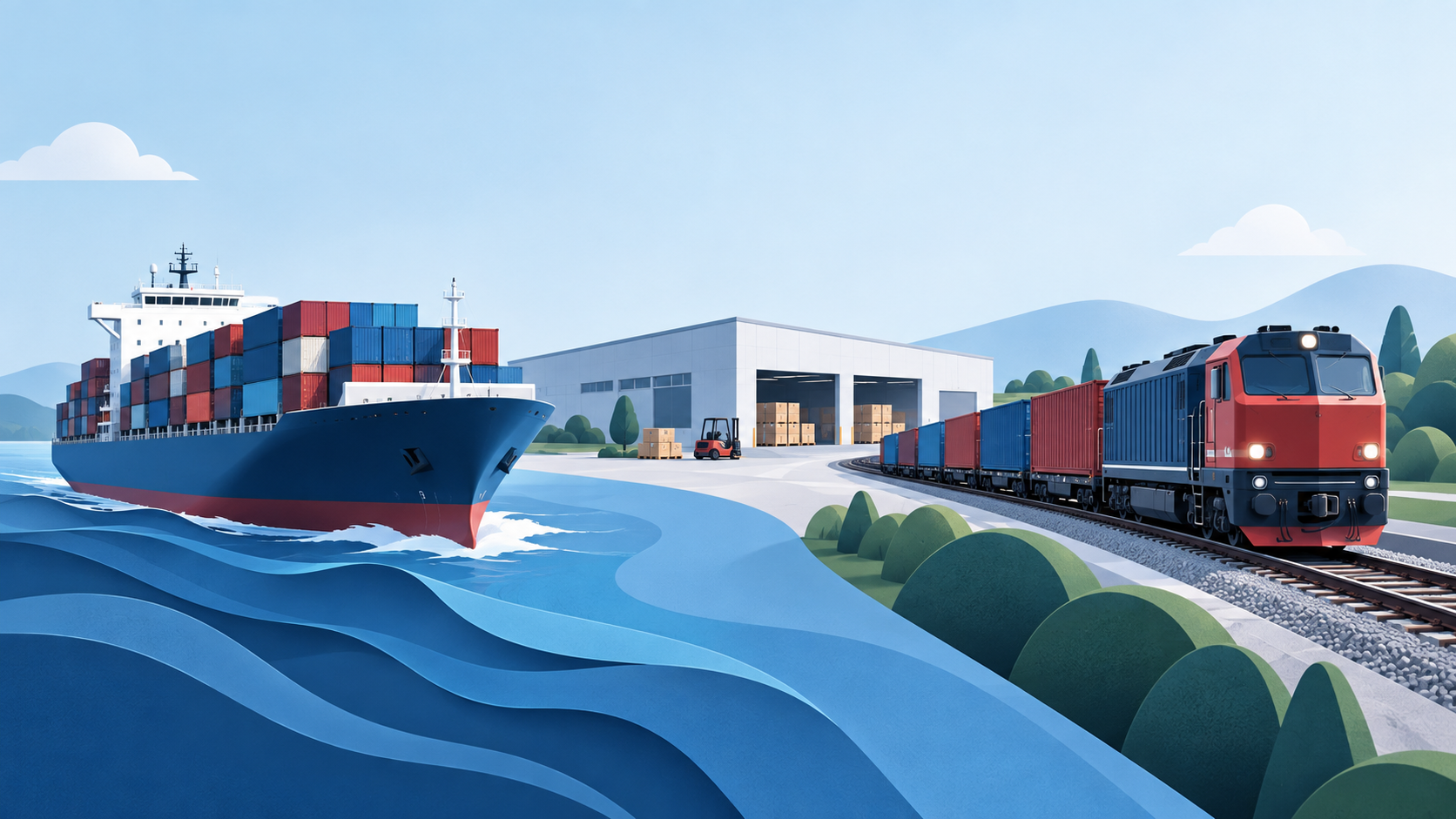 Illustrazione di portacontainer, treno merci e magazzino distributivo